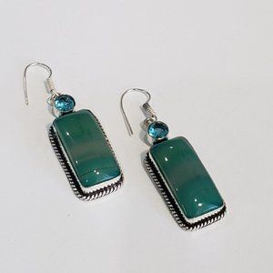 Agate earrings, 925 silver stripped agate blue topaz vintage earrings